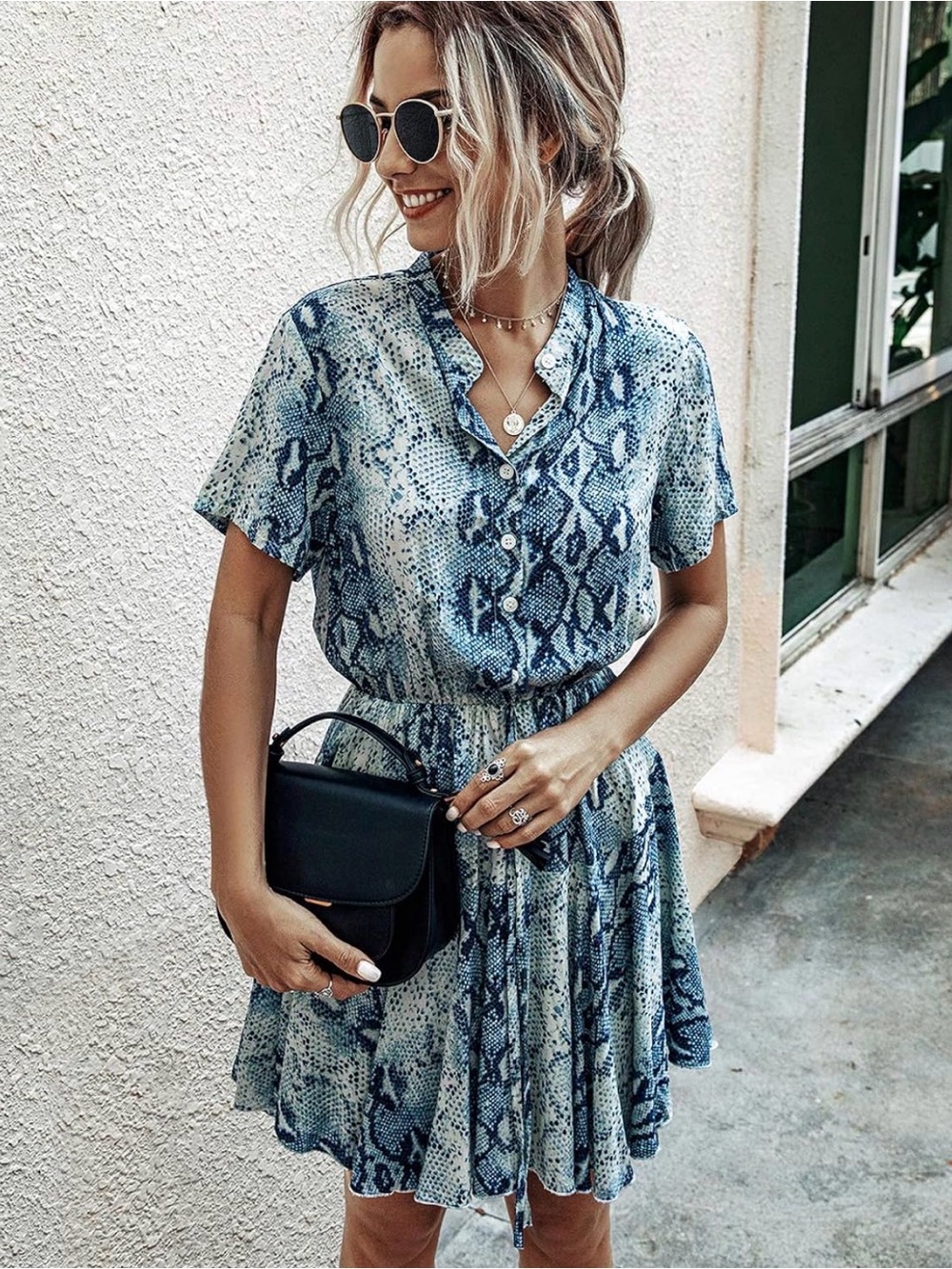 Blue Snake-Print Mini Dress with Button Front